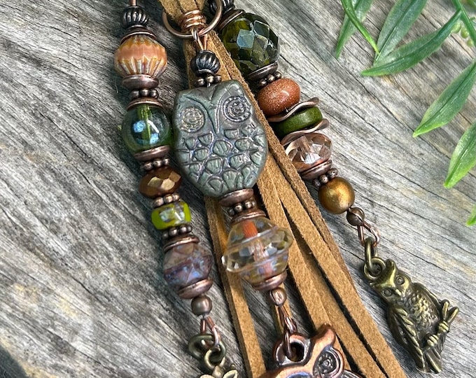 Earthy Owl Beaded Keychain, Czech Glass- Bag Charm’s- Handbag Accessory, Bronze & Copper Charm's