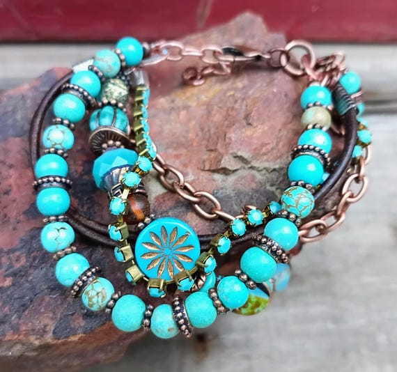 Multi Strand Turquoise Blue Bracelet, Czech Glass Beads, Copper Chain, Leather, Rhinestone (Adjustable)