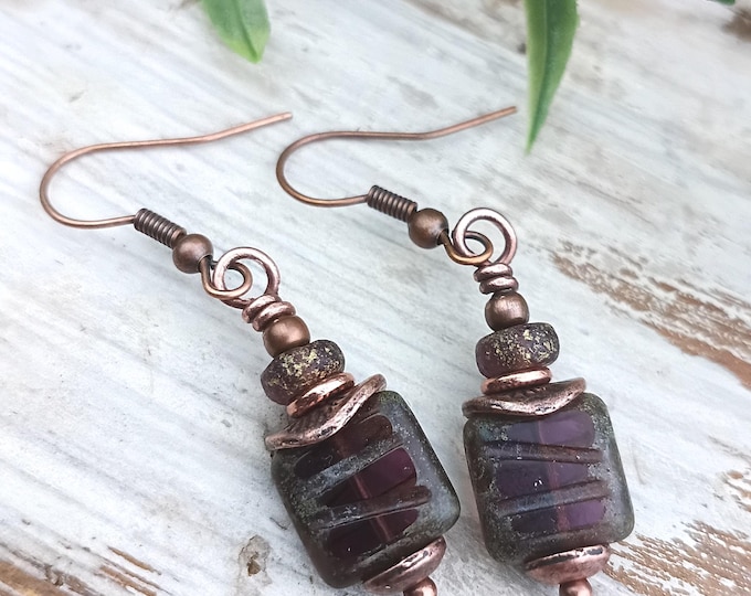 Amethyst Grooves - Czech Glass Square Small Dangle Earrings, Chose Ear Wire