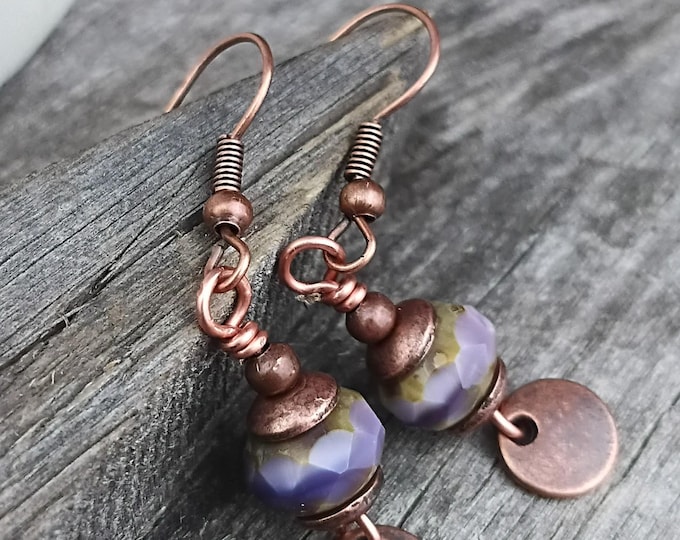 French Lavender Czech Glass & Coin Small Boho Dangle Earrings, Choice of Hypoallergenic Ear Wire
