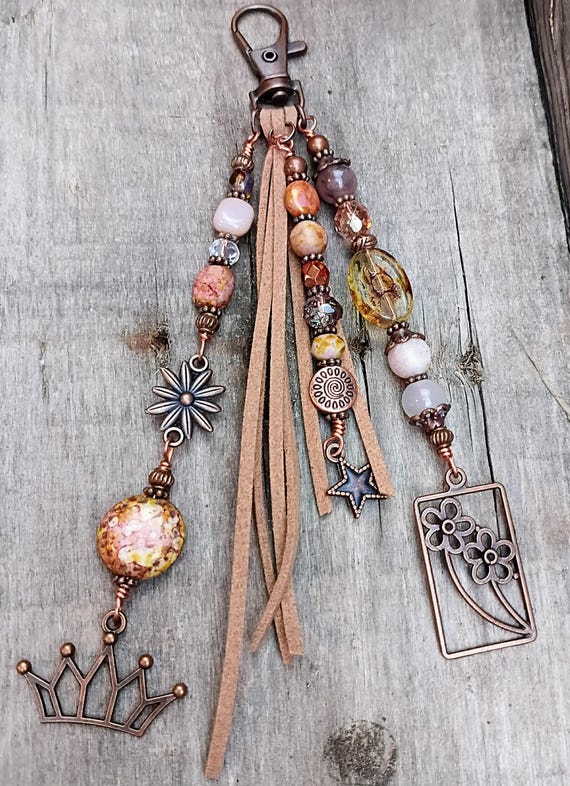 Copper and Czech glass beads beaded keychain zipper pull with charms