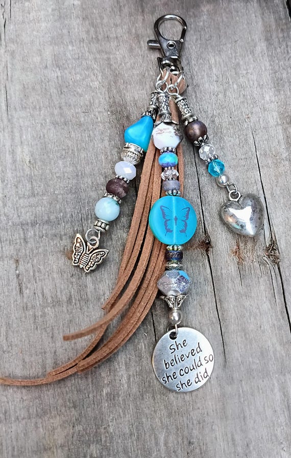 Beaded Keychain zipper pull, Czech glass beads with silver charms