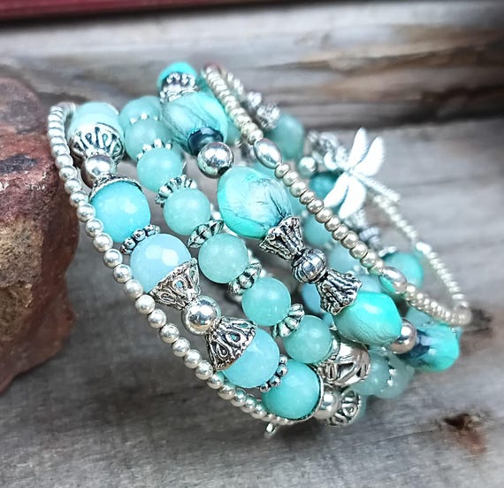 Silver Tone, Turquoise Color Memory Wire Wrap Beaded Bracelet with Charms
