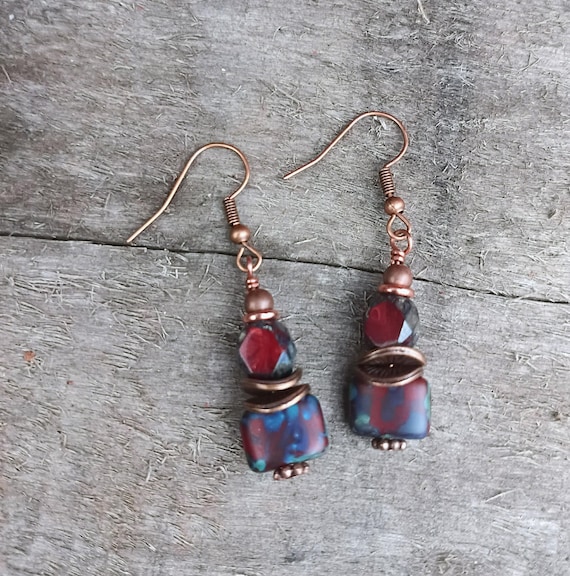 Picasso Earthy Red and Copper Czech glass Dangle Earrings, Hypoallergenic ear wires
