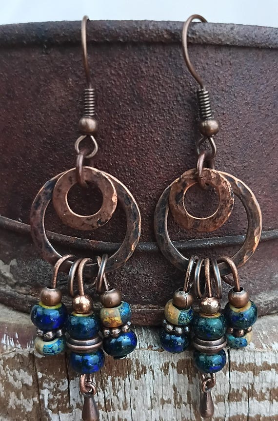 Antique Copper Ring Dangle Earrings, Picasso Seed beads, Navy Blue