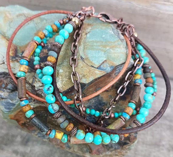 Dainty Multi Strand Turquoise and Copper Beaded Bracelet, Adjustable, Leather and Czech glass beads