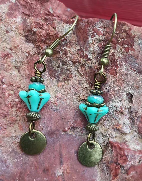 Turquoise Color, Czech Bellflower, Bronze Coin Dangle Earrings, Hypoallergenic ear wires