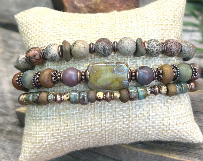 Gemstone & Czech Glass Boho Multi Strand Earthy Bracelet- Adjustable