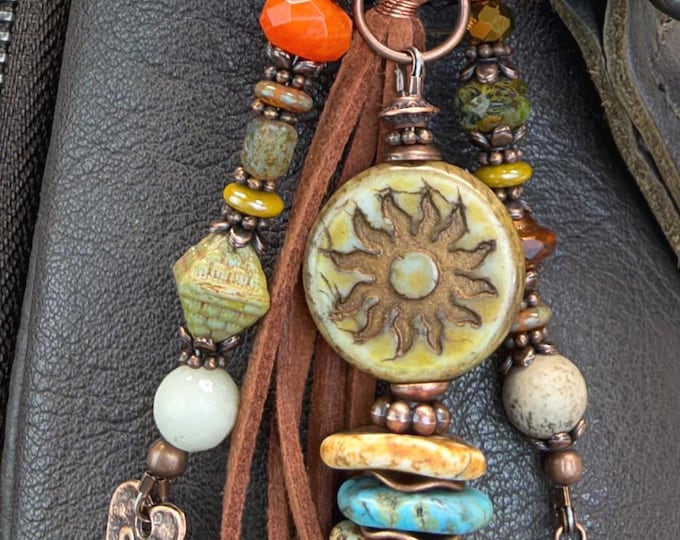 Ethnic Sun Bohemian Beaded Keychain Bag Charms- Czech Glass & Gemstone- Earthy