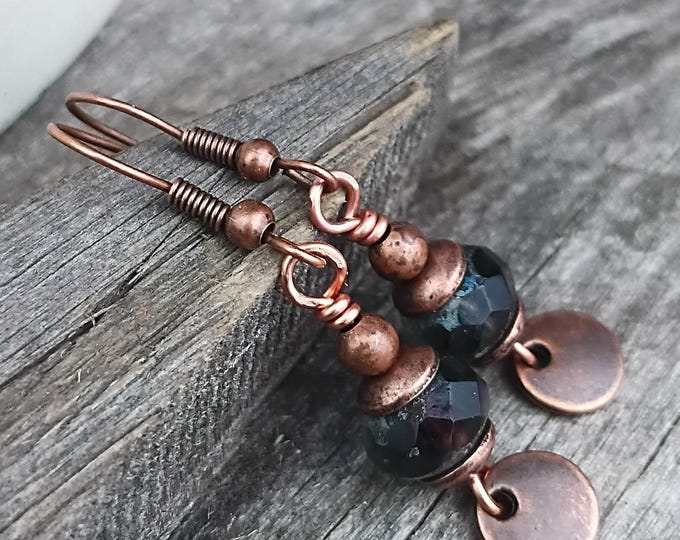 Montana Blue Czech Glass & Copper Coin Dangle Earrings, Earthy Earrings, Hypoallergenic - Chose Ear Wire