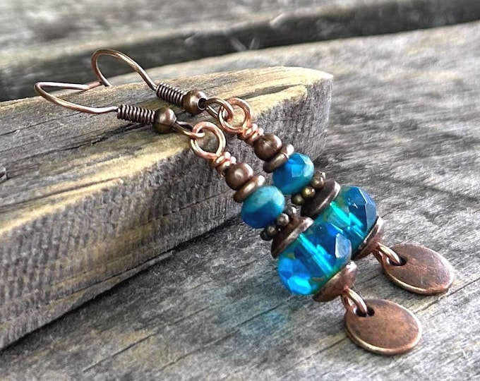 Aqua Blue Pond Picasso Finish Czech Glass & Coin Dangle Earrings