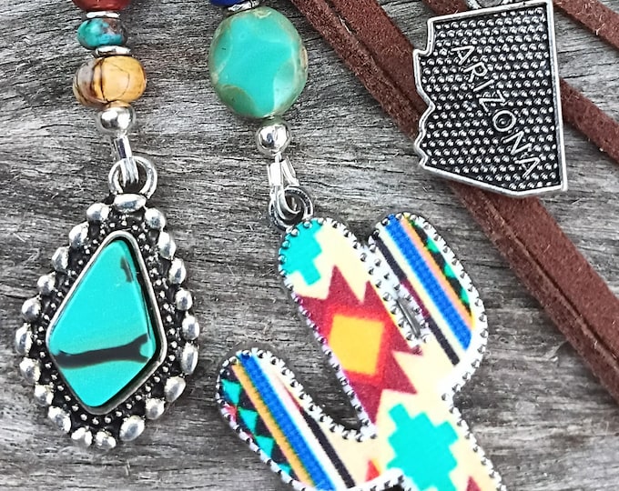 Colorful Arizona Beaded Keychain- Gemstone, Czech Glass, Cactus Bag Charm's Handbag Accessory -