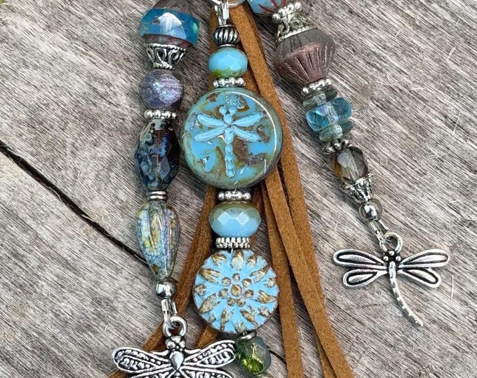 Never Never Give Up & Dragonflies Beaded Bag Charms- Purse Tassel, Czech Glass, Silver Tones