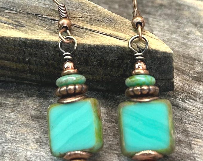 Turquoise Green Czech Glass Square Dangle Earrings- Picasso Finish -Chose Ear Wire