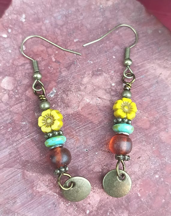 Czech Hibiscus Flower & Bronze Coin Dangle Bohemian Earrings with Baltic Amber, Hypoallergenic ear wires