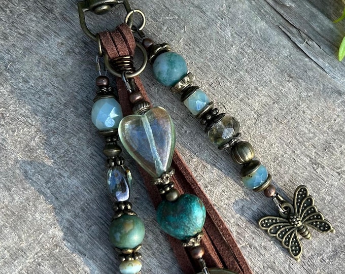 She Believed & Czech Glass Earthy Green Beaded Keychain - Bag Charm's - Boho Tassel