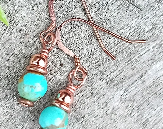 Kingman Turquoise & Copper Dainty Petite Dangle Earrings - Small Bohemian Earrings
