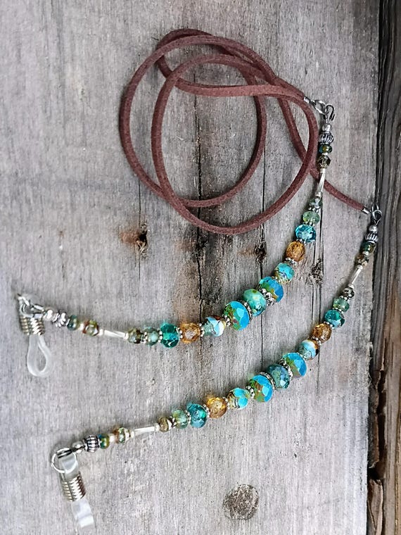 Czech Glass Beaded Eyeglasses Necklace Holder, Faux Leather & Silver