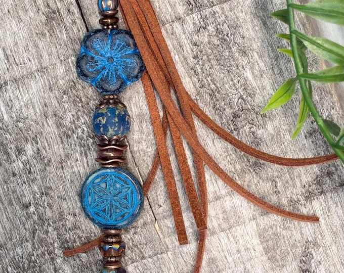 Blue Hibiscus & Cornflower Beaded Keychain - Purse Charm’s- Minimalist Jewelry