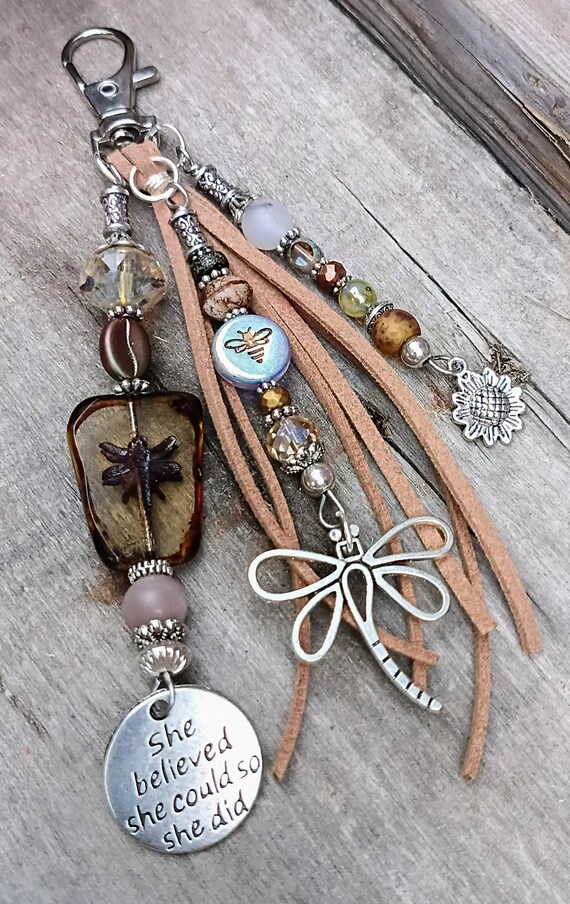 Beaded Zipper Pull, Keychain Tassel, Czech glass beads, silver charms