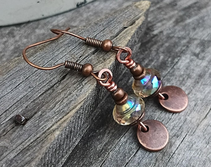 Copper Coin & Small Czech Glass Whisper Bliss Boho Dangle Earrings - Choice of Hypoallergenic Ear Wire