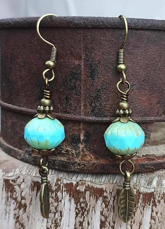 Antique Bronze Czech glass and Leaf Charm Earrings, Hypoallergenic ear wires