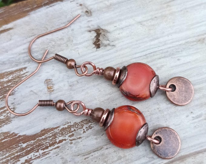 Orange Satin & Copper Coin Dangle Earrings