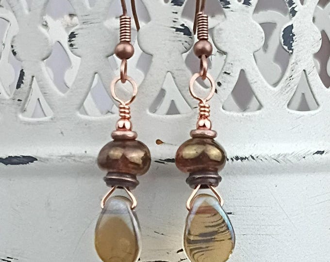Smoky Amber & Bronze Small Czech Glass Dangle Earrings - Choice of Hypoallergenic Ear Wire