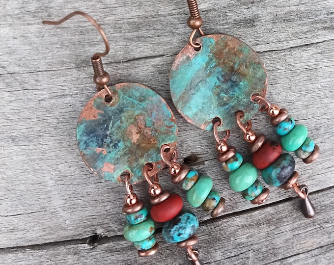 Patina Copper Coin Earrings, Turquoise Jasper Dangle, Southwest Style, Hypoallergenic Wire