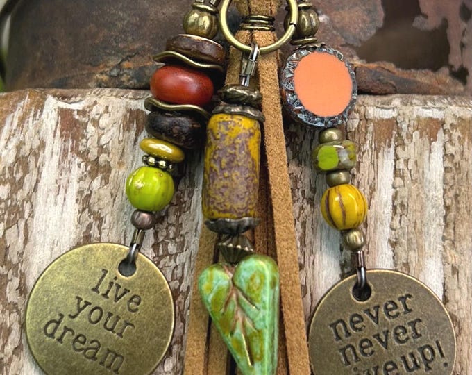 Earthy Bohemian Beaded Keychain - Live Your Dream & Never Give UP - Bag Charm's
