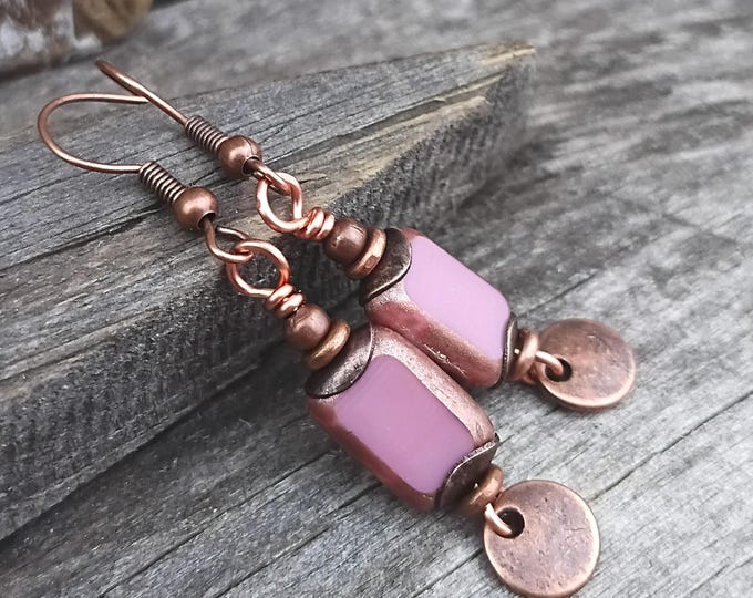 Bronzed Pink Rectangle & Copper Coin Bohemian Dangle Earrings, Picasso-Rustic. Hypoallergenic