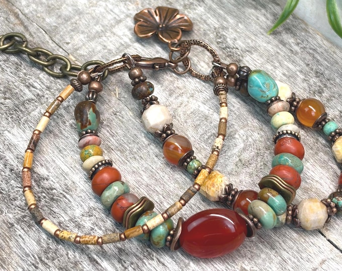 Earthy Kingman Turquoise,  Carnelian & Jasper Multi Strand Boho Bracelet- Adjustable
