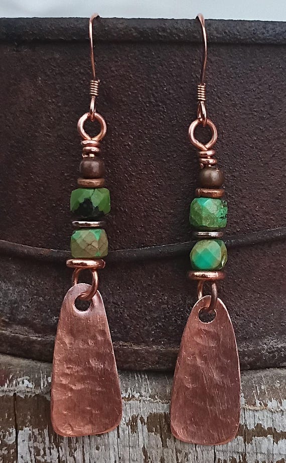 Turquoise and Copper hammered dangle earrings