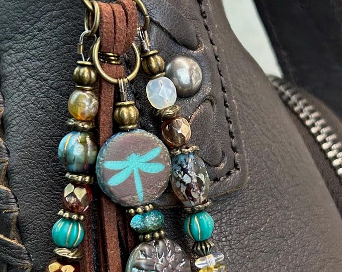 Never Give Up & Dragonfly Beaded Keychain, Czech Glass- Bag Charm’s - Purse Jewelry