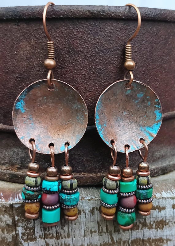 Rustic Copper light blue patina Coin Dangle Earrings, Turquoise & Picasso glass beads.