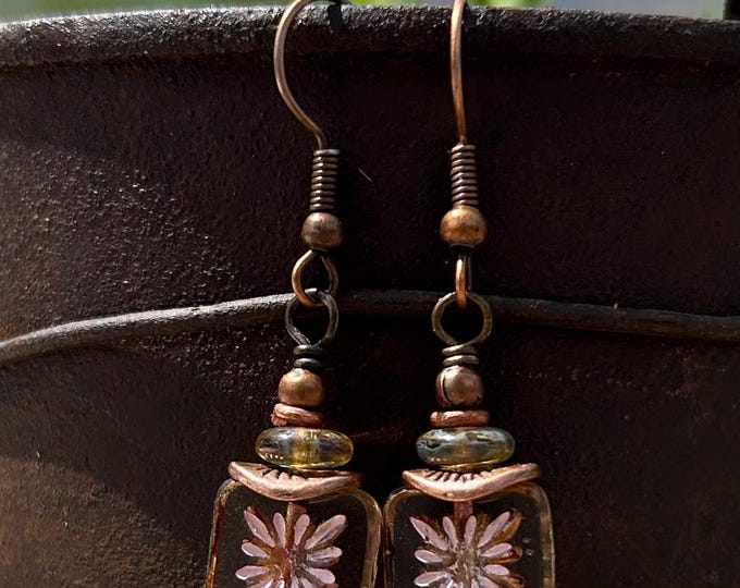 Czech Glass Amber & Light Pink Square Dangle Earrings- Choice of Ear Wire- Hypoallergenic