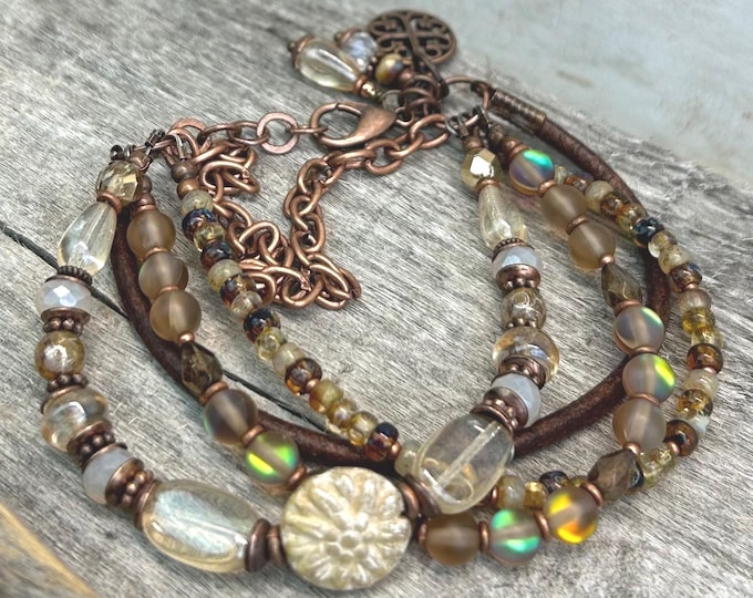 Amber & Cream- Moonstone Multi Strand Bracelet -  Czech Glass - Adjustable