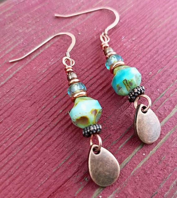 Czech Glass & Copper Teardrop Earrings,