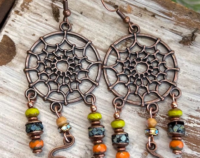 Copper Spider Web & Czech Glass Halloween Chandelier Dangle Earrings