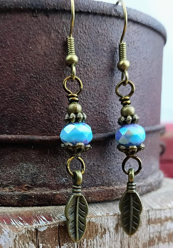 Mystic Sky Czech Glass, Bronze Leaf Charm Earrings, Hypoallergenic ear wires