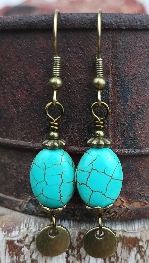 Bronze and turquoise Howlite Oval Earrings, bronze coin dangle. Hypoallergenic ear wires