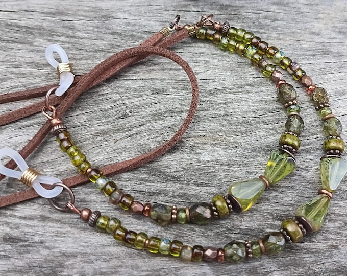Czech Glass Beaded Eyeglasses Necklace - Earthy Olive Green - Faux Leather Strap
