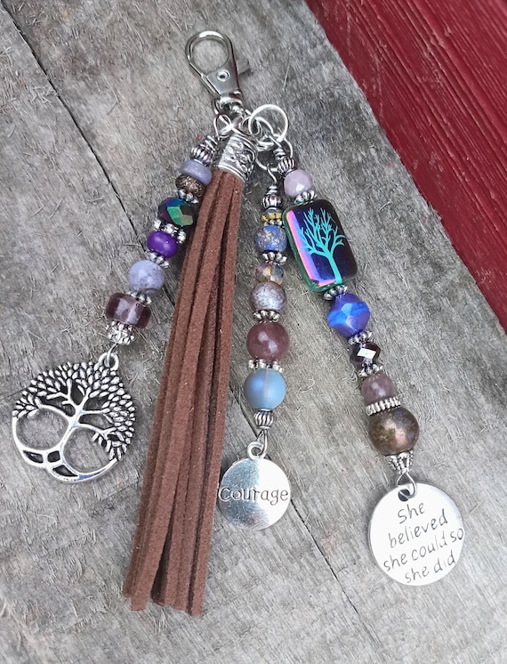 Tree of Life Beaded Keychain, Czech Glass, Faux Leather Tassel, Silver Tone Purse Charm