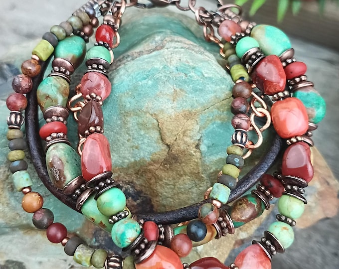 Earthy- Red Agate & Turquoise Multi Strand Bohemian Bracelet, Leather, Handmade Copper Chain. Adjustable