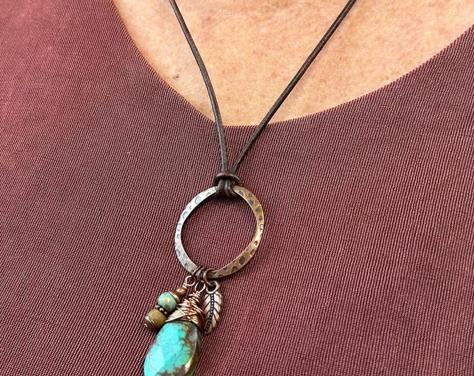 Earthy Wire Wrapped Chrysocolla Teardrop & Charm's Adjustable Bohemian Leather Necklace - Minimalist
