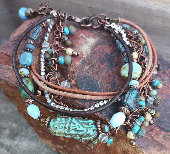 Boho Multi Strand, Czech Glass Charm Beaded Bracelet. Rhinestone, Leather, Picasso finish, Copper, Adjustable.
