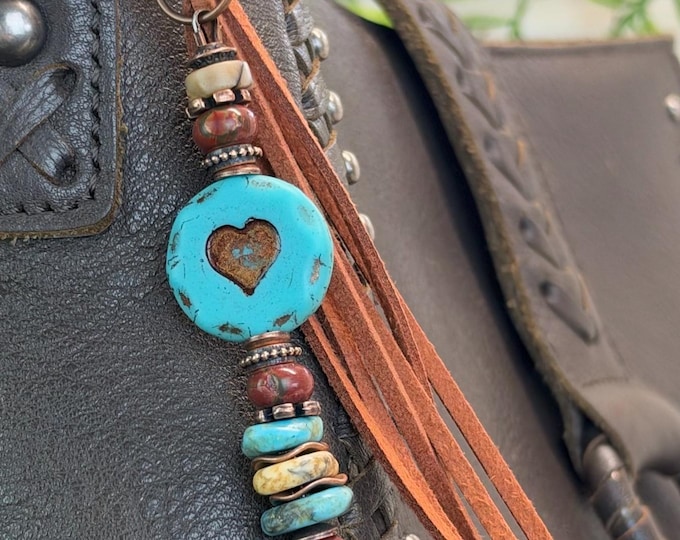 Tree of Life, Czech Heart & Gemstone Earthy Bohemian Beaded Bag Charm - Purse Tassel