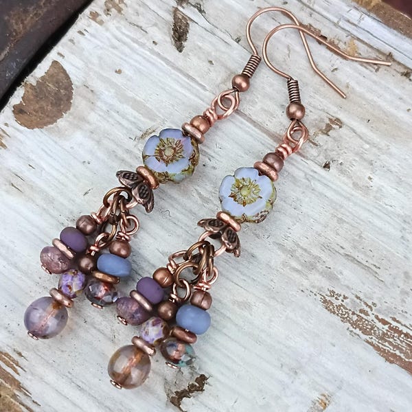 Petite Lilac Pansy Czech Glass Flower - Chandelier Earrings,  Hypoallergenic - Choice of Ear Wire