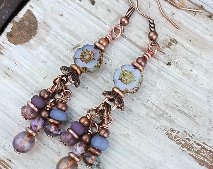 Lilac Pansy Chandelier Style Dangle Earrings