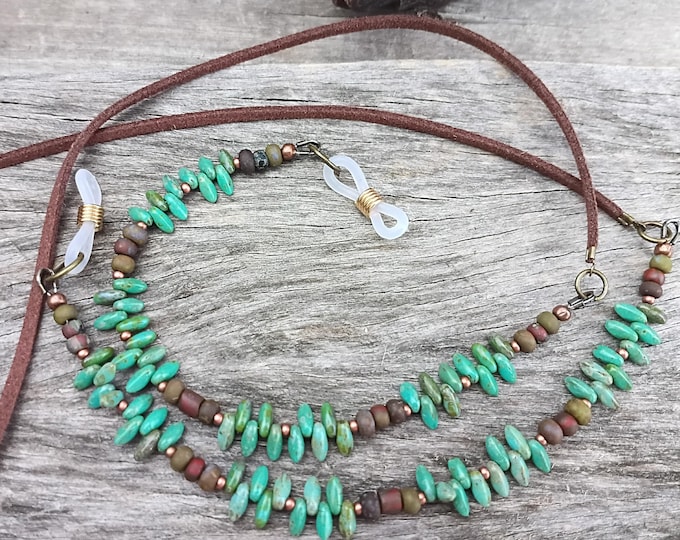 Czech Glass Turquoise Green & Copper Accents Eyeglasses Necklace Cord - Faux Leather Strap